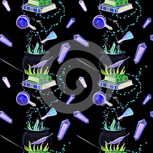 gouache magic seamless pattern with magic wand, elixir, books and crystall