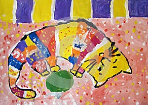 Gouache painting of a cat made by child