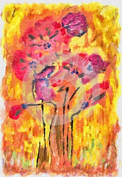 Gouache painting poppies on yelloe background