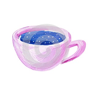 Gouache pink cup of tea. Hand-drawn clipart for art work and weddind design