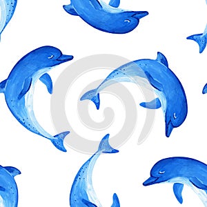 Gouache seamless blue dolphin. Hand-drawn clipart for art work and create design