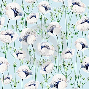 Gouache seamless pattern with Anemones in a blue background. Clipart for art work and weddind design