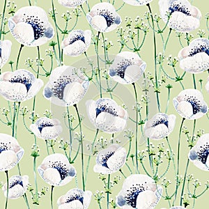 Gouache seamless pattern with Anemones in a green background. Clipart for art work and weddind design