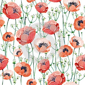 Gouache seamless pattern with Anemones in a light background. Clipart for art work and weddind design.