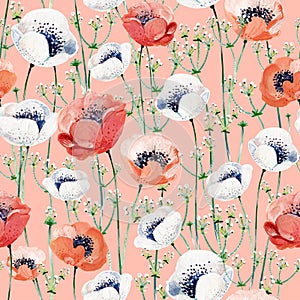 Gouache seamless pattern with Anemones in a pink background. Clipart for art work and weddind design