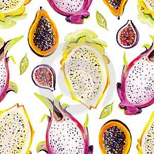 Gouache seamless pattern with exotic fruits. Pattern 2. Hand-drawn clipart for art work and weddind design.