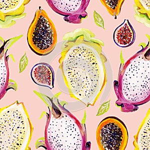 Gouache seamless pattern with exotic fruits. Pattern 2. Pink background. Clipart for art work and weddind design.
