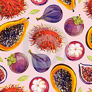 Gouache seamless pattern with exotic fruits. Pattern 3. Pink background. Clipart for art work and weddind design