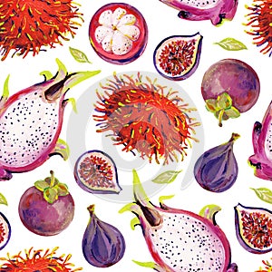 Gouache seamless pattern with exotic fruits. Pattern 4. Hand-drawn clipart for art work and weddind design.