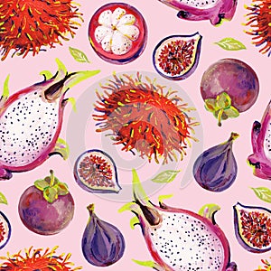 Gouache seamless pattern with exotic fruits. Pattern 4. Pink background. Clipart for art work and weddind design.