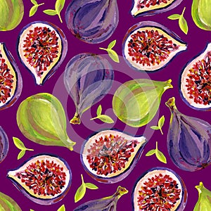 Gouache seamless pattern with figs. Dark background. Clipart for art work and weddind design.