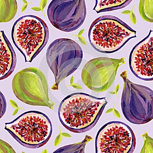 Gouache seamless pattern with figs. Lilac background. Clipart for art work and weddind design.