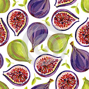 Gouache seamless pattern with figs. White background. Clipart for art work and weddind design