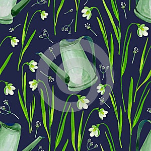 Gouache seamless pattern with flowers and watering can. Dark background. Clipart for art work and weddind design