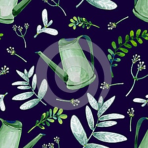 Gouache seamless pattern with flowers and watering can. Dark background. Clipart for art work and weddind design