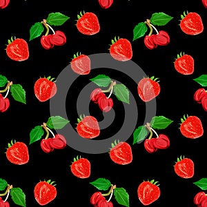 Gouache seamless pattern with fruits and berries cherry and strawberry on a black background, vegetarian pattern for diet, healthy