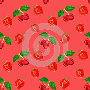 Gouache seamless pattern with fruits and berries cherry and strawberry on a coral background, vegetarian pattern for diet, healthy