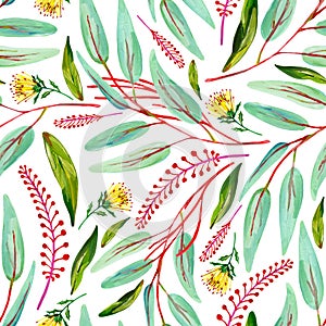 Gouache seamless pattern with green leaves, red floral branches and yellow flower