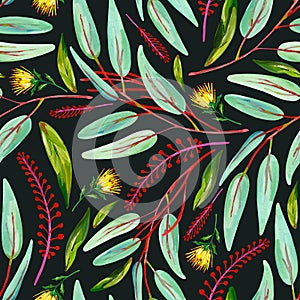 Gouache seamless pattern with green leaves, red floral branches and yellow flower on a dark background