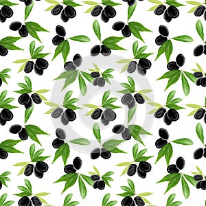 Gouache seamless pattern with olive tree branch, leaves and black olives on a white background. Hand painted botanical