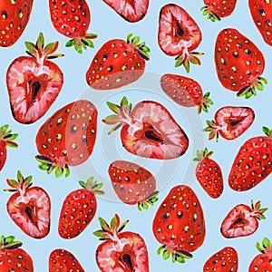 Gouache seamless pattern with strawberry. Blue background. Hand-drawn clipart for art work and weddind design.