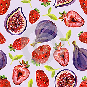 Gouache seamless pattern with strawberry and figs. Lilac background. Clipart for art work and weddind design.