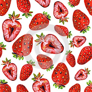 Gouache seamless pattern with strawberry. White background. Hand-drawn clipart for art work and weddind design.