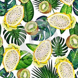 Gouache seamless pattern with tropic leaves and fruits. Pattern 1. Clipart for art work and weddind design