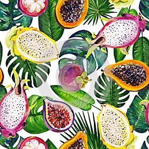 Gouache seamless pattern with tropic leaves and fruits. Pattern 2. Clipart for art work and weddind design
