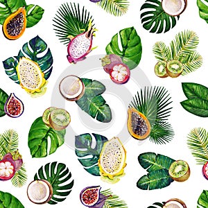 Gouache seamless pattern with tropic leaves and fruits. Pattern 3. Clipart for art work and weddind design