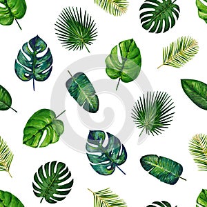 Gouache seamless pattern with tropic leaves. Pattern 3. Hand-drawn clipart for art work and weddind design