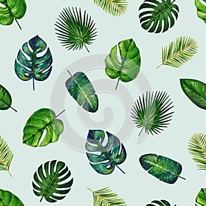 Gouache seamless pattern with tropic leaves. Pattern 4. Hand-drawn clipart for art work and weddind design