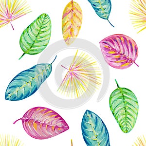 Gouache seamless pattern with tropic leaves. Pattern 7. Hand-drawn clipart for art work and weddind design