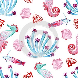 Gouache seamless pink and green undersea pattern with marine life. Hand-drawn clipart for art work and weddind design.