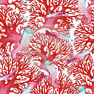 Gouache seamless red coral, fishes and seahorses. Hand-drawn clipart for art work and weddind design