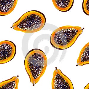Gouache seamless summer tropical pattern with papaya