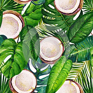 Gouache seamless summer tropical pattern with tropical leaves and coconuts