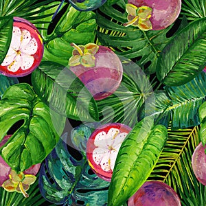 Gouache seamless summer tropical pattern with tropical leaves and mangosteens on a dark background