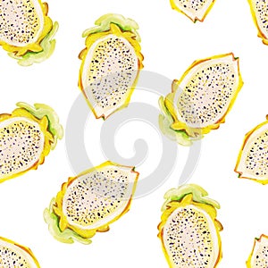 Gouache seamless summer tropical pattern with yellow pitaya