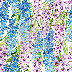 Gouache seamless tropical pattern with lilac orchids and blue floral branches