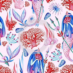 Gouache seamless wonderful ocean pattern with water nymph and coral. Hand-drawn clipart for art work and weddind design