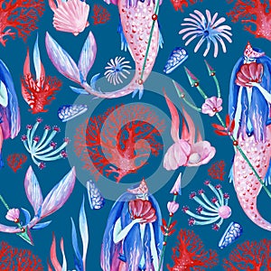 Gouache seamless wonderful undersea pattern with mermaid, coral and ocean inhabitants on a dark background