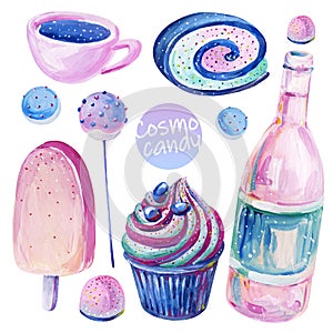 Gouache set of cosmo candy. Set 2. Hand-drawn clipart for art work and weddind design.