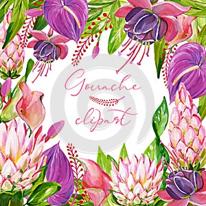 Gouache square exotic floral frame with Protea, Calla, Anthurium and Fuchsia flower