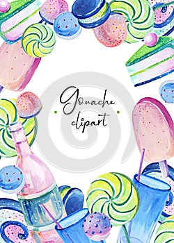 Gouache summer frame with pink and blue candy, light green spiral lollipops, pink soda and blue glass beaker