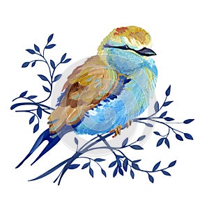 Gouache turquoise-beige bird on a branch. Natural cliparts for art work and wedding design