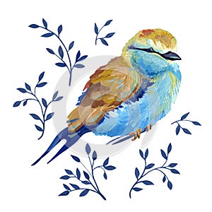 Gouache turquoise-beige bird with branches. Natural cliparts for art work and wedding design