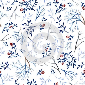 Gouahe seamless pattern with red berry, branches and leaves