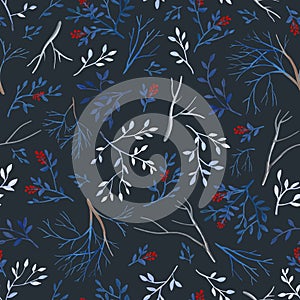 Gouahe seamless pattern with red berry, branches and leaves on dark background