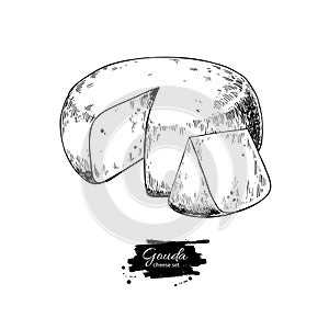 Gouda cheese block drawing. Vector hand drawn food sketch. Engraved Slice cut.